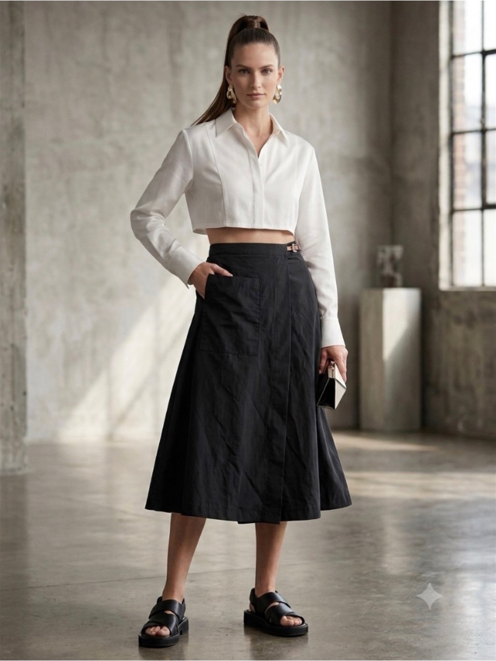 WJ Martin Contemporary Wrap Black A-Line Utility Midi Side Buckle Skirt 44/8